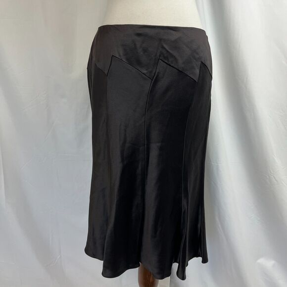 Anne Klein Silk Dark Chocolate Brown Skirt Sz 10 Gored Old Money Satin Luxury - Picture 3 of 10